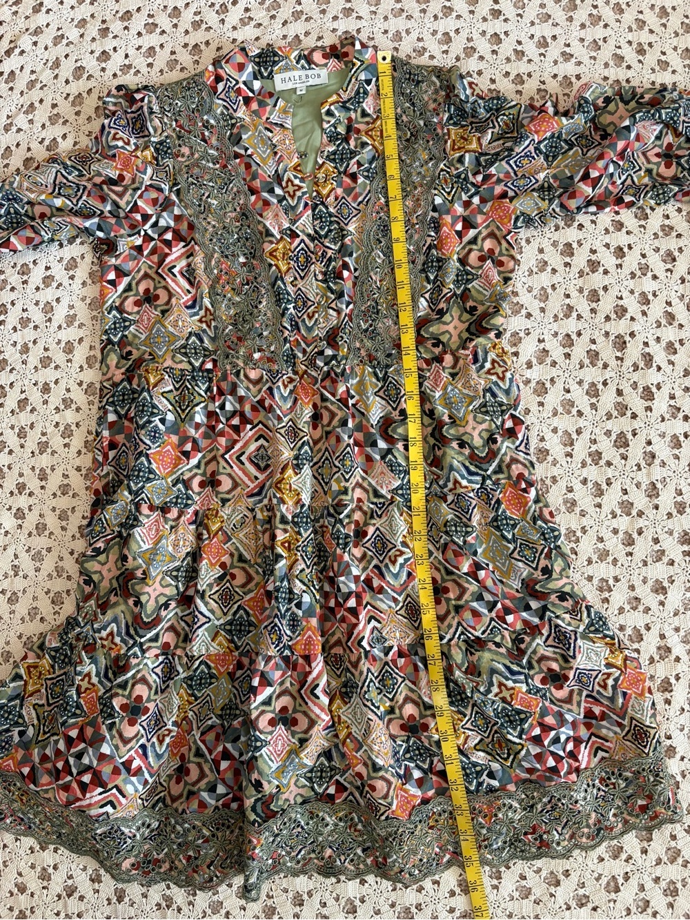 Hale Bob Amari Embroidered Olive Boho Long Sleeve Mini Dress Size Medium - Picture 11 of 11